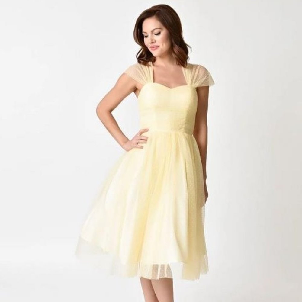 Unique Vintage Buttercup Yellow Swiss Dot Garden State Mesh Cocktail Dress